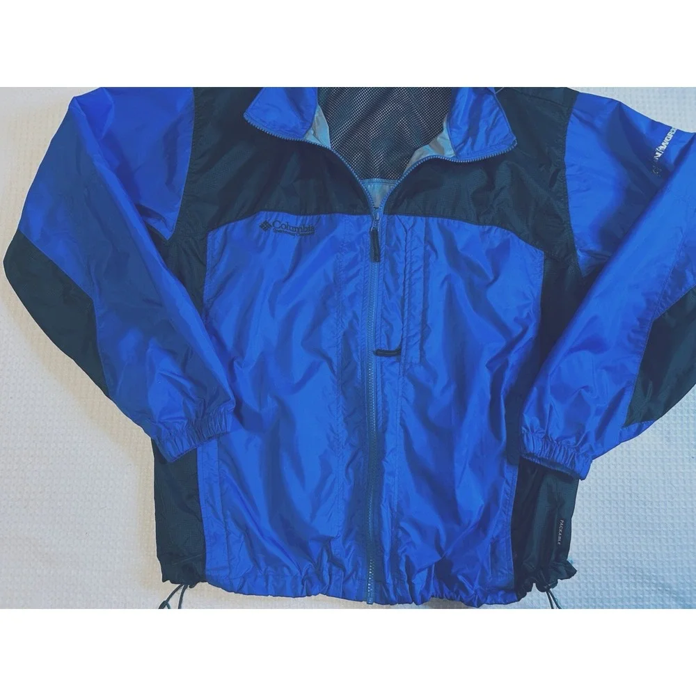 Columbia Mens XL Blue Black Colorblock Windbreaker Jacket Kokanee Crankworx Hood